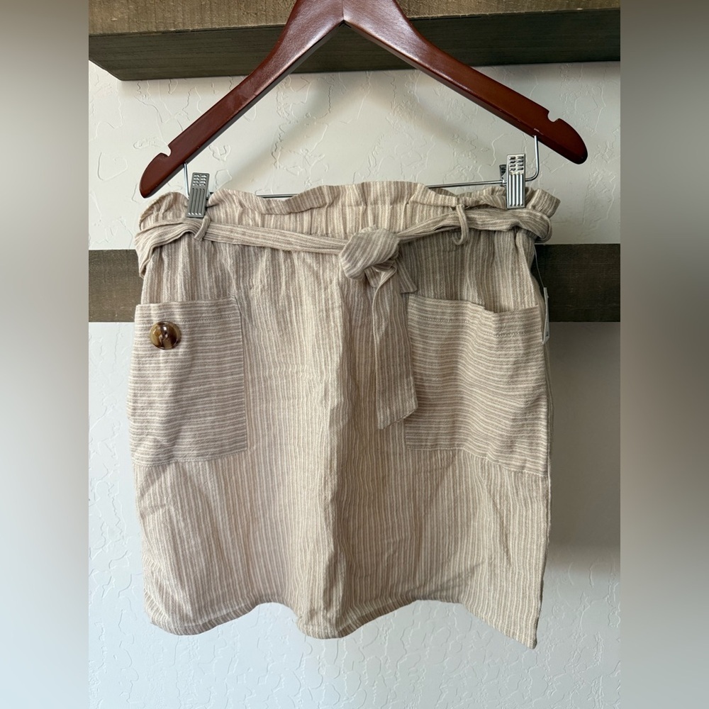 Sadie & Love|Beige Striped Paperbag Waist Skirt,neutral lightweigh,cotton linen - Picture 11 of 11